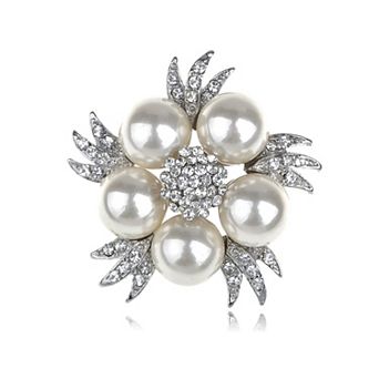 Silvery Tone Clear Rhinestones Faux Pearl Festive Flower Star Brooch Pin