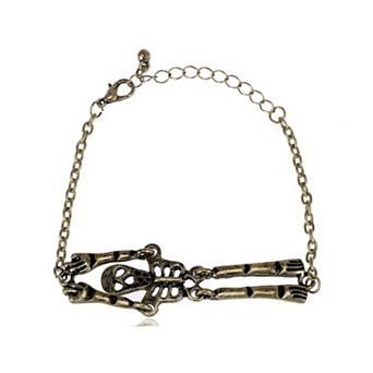 Antique Inspired Bronze Tone Skull Skeleton Halloween Link Bracelet