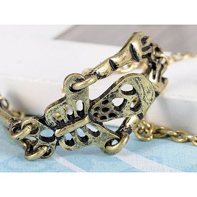 Antique Inspired Bronze Tone Skull Skeleton Halloween Link Bracelet