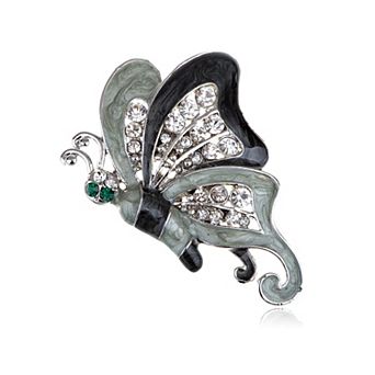 Grey Enamel Wing Clear Crystal Rhinestone Green Eye Butterfly Pin Broach Brooch