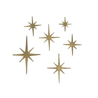 Set of 6 Metallic Gold Cast Iron Starburst Wall Hangings 8 Pointed Stars