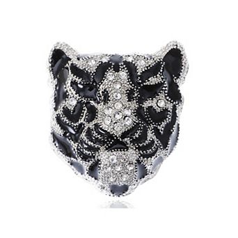 Sleek White Rhinestone Crystal Black Panther Tiger Leopard Kitty Cat Warrior Head Pin Brooch