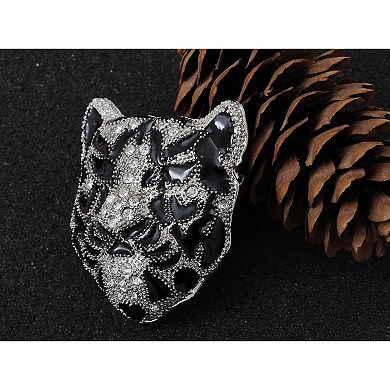 Sleek White Rhinestone Crystal Black Panther Tiger Leopard Kitty Cat Warrior Head Pin Brooch