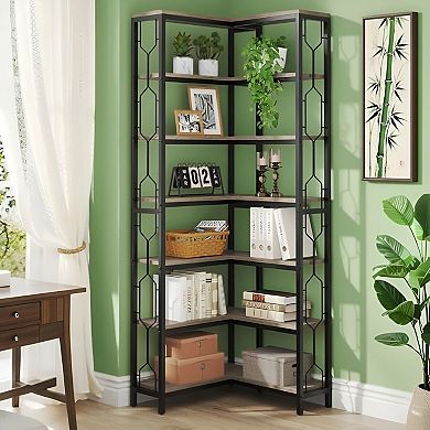 L-Shaped Floor-Standing Bookcase with Hexagon Side Accents for Home or Office
