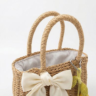 Women Straw Top Handle Tote Bag Bow Detail Drawstring Lining Summer Handbag