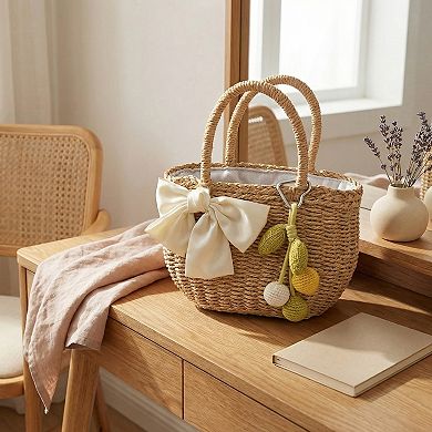 Women Straw Top Handle Tote Bag Bow Detail Drawstring Lining Summer Handbag