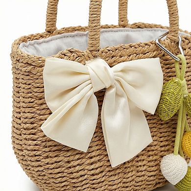 Women Straw Top Handle Tote Bag Bow Detail Drawstring Lining Summer Handbag