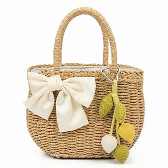 Women Straw Top Handle Tote Bag Bow Detail Drawstring Lining Summer Handbag