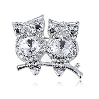 Silvery Tone Clear Crystal Colored Rhinestones Owl Bird Branch Brooch Pin