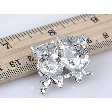 Silvery Tone Clear Crystal Colored Rhinestones Owl Bird Branch Brooch Pin