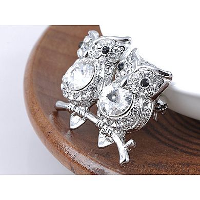 Silvery Tone Clear Crystal Colored Rhinestones Owl Bird Branch Brooch Pin