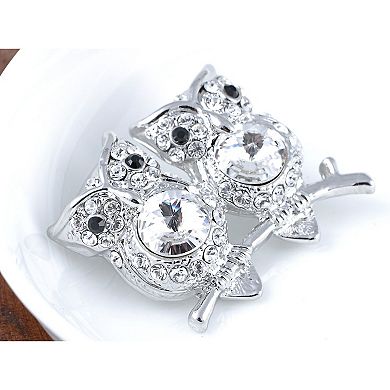 Silvery Tone Clear Crystal Colored Rhinestones Owl Bird Branch Brooch Pin