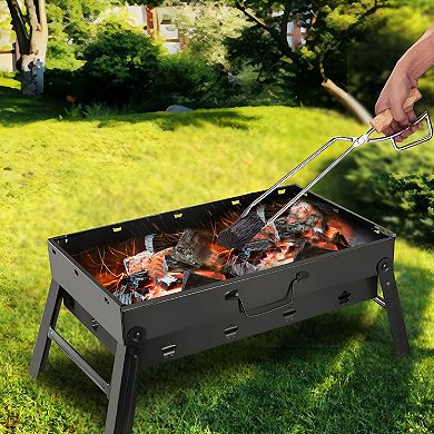 Portable Folding Charcoal Grill with Carry Handle and Cooking Grate for Camping
