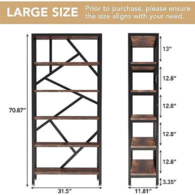 Industrial Modern 6-Tier Bookshelf for Vertical Storage, Books, Plants, and Home Organization