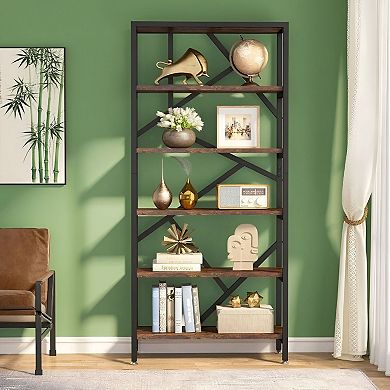 Industrial Modern 6-Tier Bookshelf for Vertical Storage, Books, Plants, and Home Organization