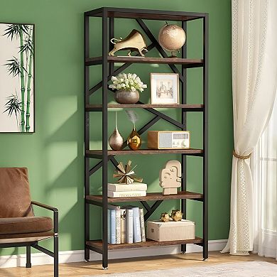 Industrial Modern 6-Tier Bookshelf for Vertical Storage, Books, Plants, and Home Organization