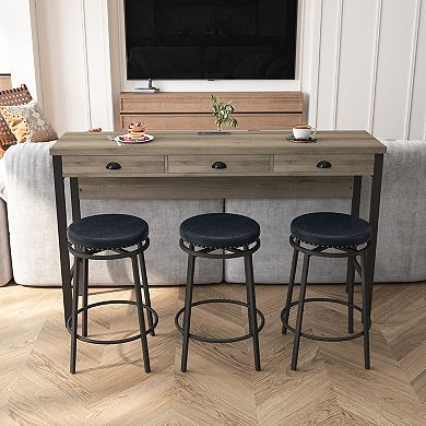 KWPZQEB Industrial 3 Drawers Long Dining Table Set with 3 Circular PU Stools, Power Outlets