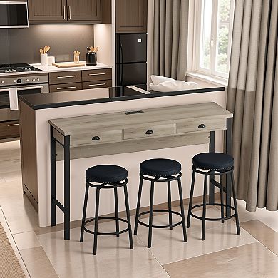 KWPZQEB Industrial 3 Drawers Long Dining Table Set with 3 Circular PU Stools, Power Outlets