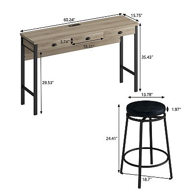 KWPZQEB Industrial 3 Drawers Long Dining Table Set with 3 Circular PU Stools, Power Outlets