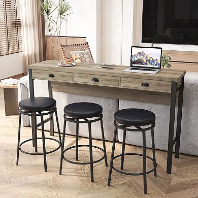 KWPZQEB Industrial 3 Drawers Long Dining Table Set with 3 Circular PU Stools, Power Outlets