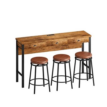KWPZQEB Industrial 3 Drawers Long Dining Table Set with 3 Circular PU Stools, Power Outlets