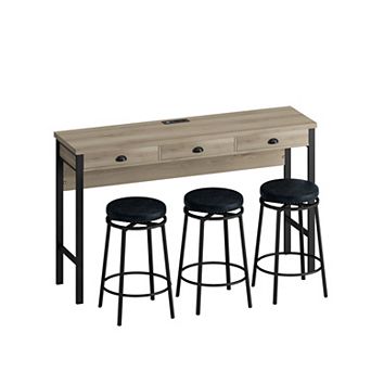 KWPZQEB Industrial 3 Drawers Long Dining Table Set with 3 Circular PU Stools, Power Outlets