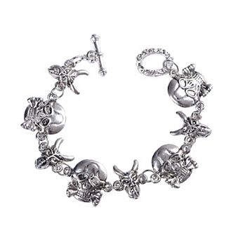 Unisex Silver Tone Gothic Skull Punk Angel Wings Halloween Bangle Bracelet