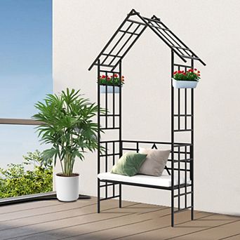 Loheer Metal Garden Arch with Bench Flower Stand for Climbing Plants and Outdoor Decor