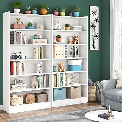 Free-Standing 7-Tier Bookshelf with Closed Backboard and Anti-Dumping Kit