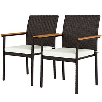 Outdoor Rattan Chairs Set of 2 Cushioned Patio Chairs with Acacia Armrests