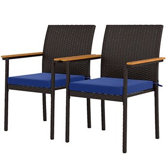 Outdoor Rattan Chairs Set of 2 Cushioned Patio Chairs with Acacia Armrests