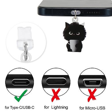 Cat Pendants Dust Plug Charm for Type-C Black White 2 Pcs