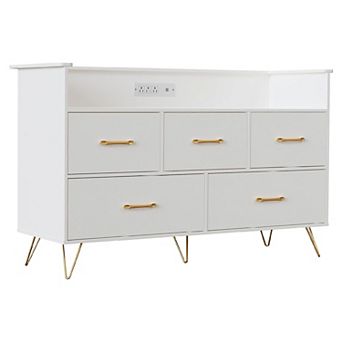 LED Dresser with Charging Station - Modern 5-Drawer Wooden Chest, Storage Organizer
