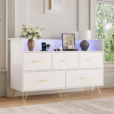 LED Dresser with Charging Station - Modern 5-Drawer Wooden Chest, Storage Organizer