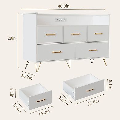 LED Dresser with Charging Station - Modern 5-Drawer Wooden Chest, Storage Organizer