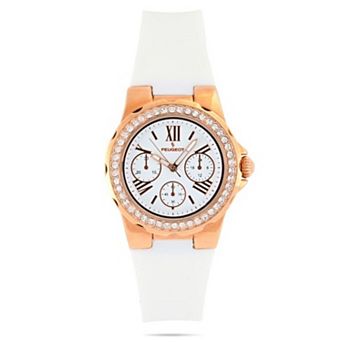 Peugeot Womens Rose Gold Wrist Watch with Crystal Bezel and Silicone Rubber Band