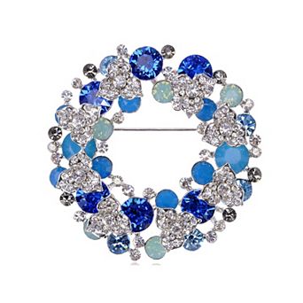 Pacific Sapphire Color Christmas Floral Wreath Gift Crystal Rhinestone Pin Brooch