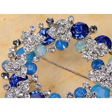 Pacific Sapphire Color Christmas Floral Wreath Gift Crystal Rhinestone Pin Brooch