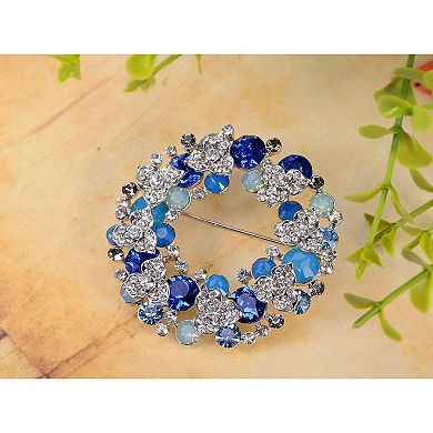 Pacific Sapphire Color Christmas Floral Wreath Gift Crystal Rhinestone Pin Brooch