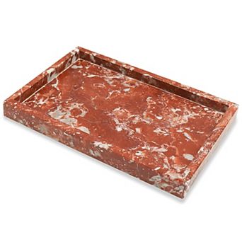 Natural Marble Stone Tray, 11.8x7.9 in Red Rectangular Vanity Serving Tray with Non Slip Mat