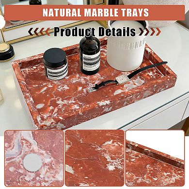 Natural Marble Stone Tray, 11.8x7.9 in Red Rectangular Vanity Serving Tray with Non Slip Mat