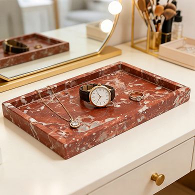 Natural Marble Stone Tray, 11.8x7.9 in Red Rectangular Vanity Serving Tray with Non Slip Mat