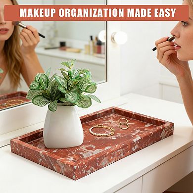 Natural Marble Stone Tray, 11.8x7.9 in Red Rectangular Vanity Serving Tray with Non Slip Mat