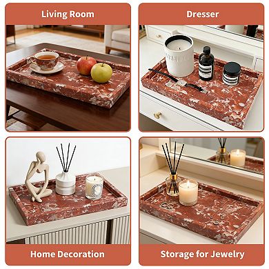 Natural Marble Stone Tray, 11.8x7.9 in Red Rectangular Vanity Serving Tray with Non Slip Mat