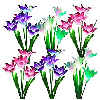 6 Pack Solar Lily Lights, 24 Flowers Color Changing LED Waterproof Outdoor Garden Decor