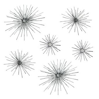 Aged Silver Finish Mid-Century Modern Atomic Star Burst Wall Sculptures Set of 6