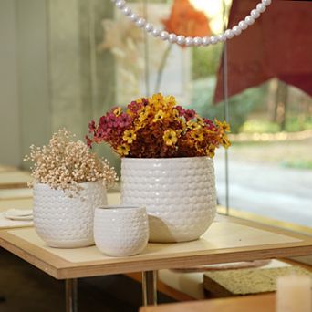 Loheer Handmade White Textured Ceramic Planter Set of Three Indoor Outdoor Pots