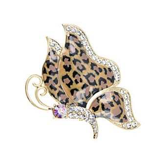 Golden Tone Butterfly Insect with Enamel Wild 80s Cheetah Cat Pattern Wing Animal Brooch Pin