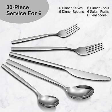 30-Piece Stainless Steel Flatware Set for 6,Includes Dinner Knives, Forks, Spoons,Dishwasher Safe