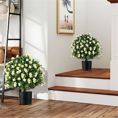 Set of 2 Artificial Flower Topiary Ball Plants with Pot for Porch Patio